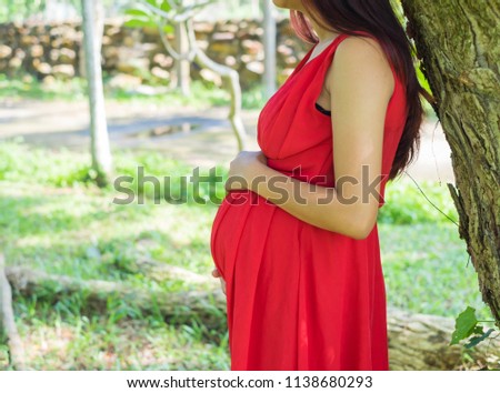 Pregnant women belly with red dress relaxing in the nature park