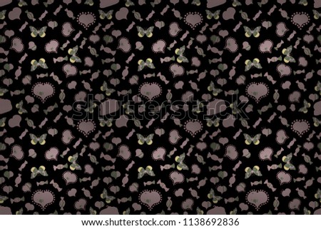Cute hearts love on black, neutral and green colors on nice background. Raster illustration. Seamless Sixties style mod pop art psychedelic colorful Love text design.