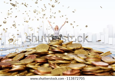 smiling woman and euro coin rain