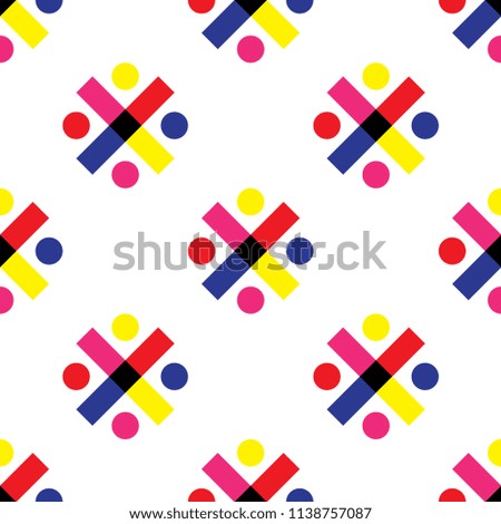 Seamless geometric pattern vector background colorful abstract design art with circles round dots and crosses made of rectangles and square yellow red purple blue