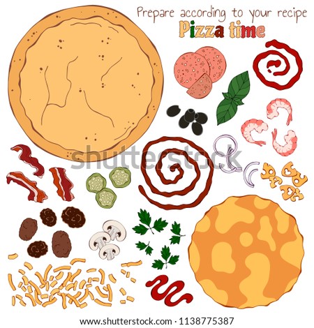 Group of vector colorful illustrations on the pizza time theme; set of isolated products for cooking pizza.