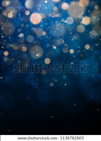 Blurred bokeh light on dark blue background. Christmas and New Year holidays template. Abstract glitter defocused blinking stars and sparks. EPS 10 Royalty-Free Stock Photo #1138782803