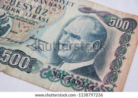 Old Turkish Money İsolated White Background. Old Turkey Money. 
Five Hundred Turkish Lira. Turkish old Money Picture.