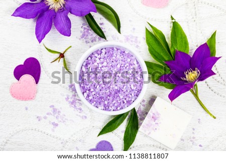 Purple Clematis Spa Salt for Spa and Aromatherapy. Selective focus.