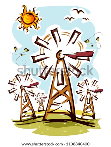Illustration of Several Windmills in the Fields Under the Sun