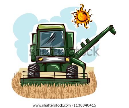 Illustration of a Green Farm Harvester in the Wheat Field Under the Sun