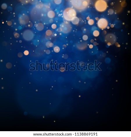 Blurred bokeh light on dark blue background. Christmas and New Year holidays template. Abstract glitter defocused blinking stars and sparks. EPS 10 Royalty-Free Stock Photo #1138869191