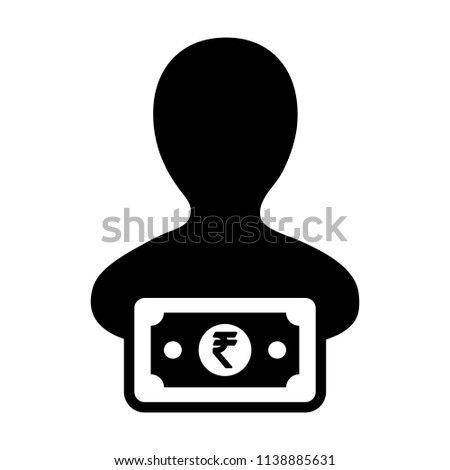 Revenue icon vector male user person profile avatar with Rupee sign currency money symbol for banking and finance business in flat color glyph pictogram illustration