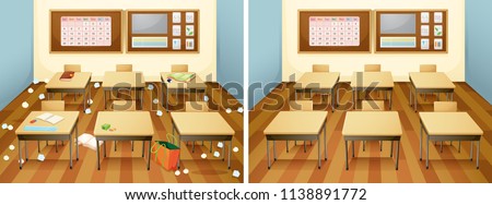 A classroom before and after clean illustration