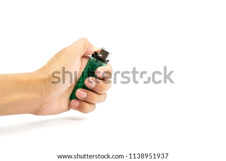Hands holding plastic gas lighters isolated on white background