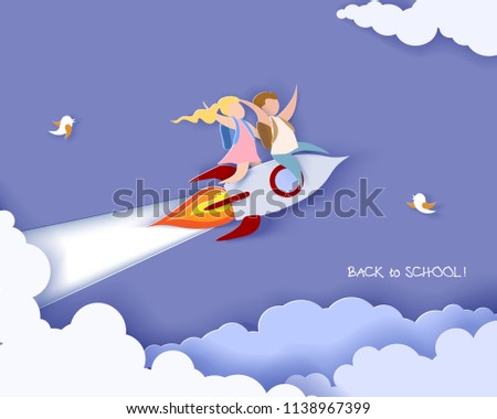 Back to school 1 september card. Children flying on rocket. Paper cut style. Vector illustration