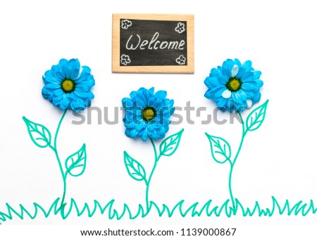 Unusual, creative and beautiful card, combined with fresh flowers blue chrysanthemums.
