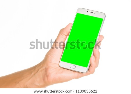 concept frame of blank smartphone isolated on white background. young man holding a smartphone in the palm hand