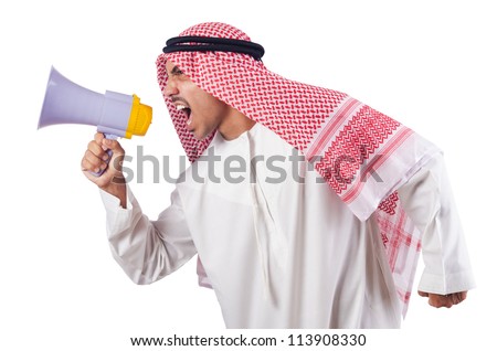Arab man shouting through loudspeaker Royalty-Free Stock Photo #113908330