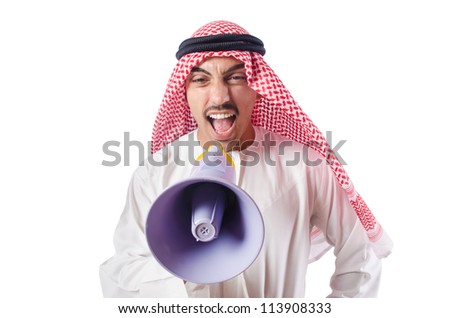 Arab man shouting through loudspeaker Royalty-Free Stock Photo #113908333