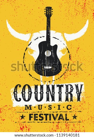 Country Cowboy Music Festival Live Event Creative Poster Concept. Guitar With Cow Skull Rough Textured Vector Illustration On Grunge Background Royalty-Free Stock Photo #1139140181