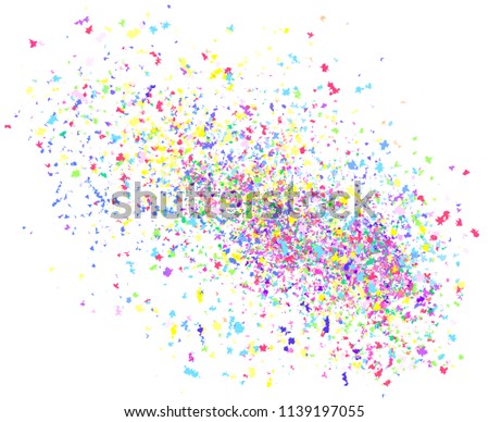 Multicolored confetti on white. Pattern for design. Background with glitters. Print for polygraphy, posters, banners and textiles. Greeting cards. Explosion. Firework
