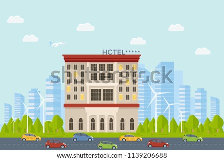 Expensive luxury hotel in the city, flat vector motel building on street road with cars, town landscape, front view cityscape. Travel and tourism concept.
