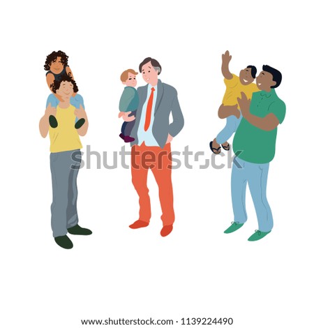 Kids and Fathers set. Hand drawn vector illustrations isolated on white background. Father plays with children. Family time. Flat doodle style illustration.