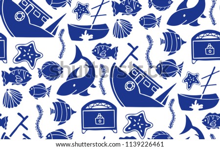 Cute nautical doodle seamless pattern. Underwater sea creatures on white background. Blue tile with ship, shark, treasure, fish, starfish. Fits for childish cloth and textil. Ocean life. 