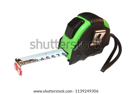 Tape measure 5 meters long in plastic shockproof case isolated on white background