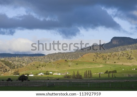Sheep grazing land between cloud and shadow, Tasmanian midlands, Tasmania, Australia