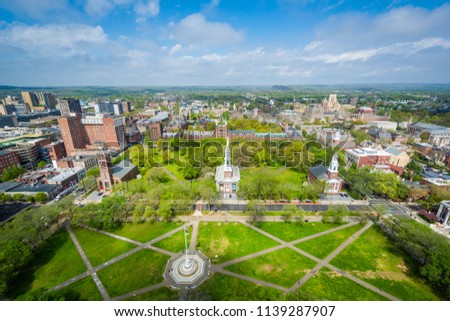 View of the New Haven Green and downtown, in New Haven, Connecticut Royalty-Free Stock Photo #1139287907