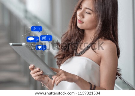 Asian woman using tablet computer, social media, chat, shopping, texting, love,  online shopping, check mail, searching, typing message..