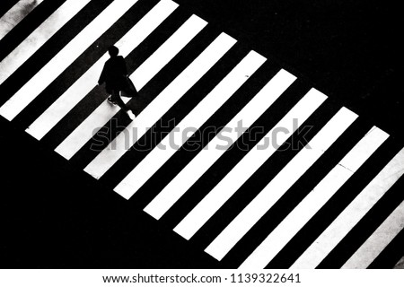 A man walking across zebra crossing on the street of Tokyo, Japan. This was shot from the top giving an interesting composition. Royalty-Free Stock Photo #1139322641
