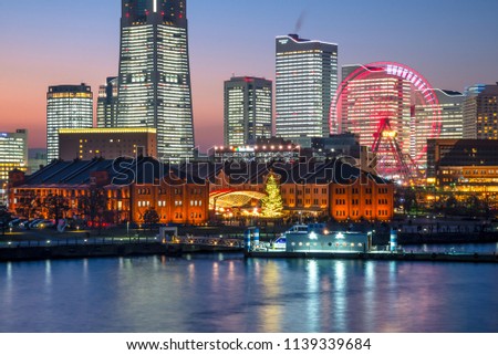 Urban landscape in Yokohama. Night view of the harbor