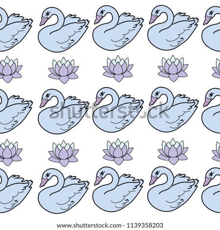 Trendy seamless pattern with white swans, water lily  on dark blue background. Night lake art background. Fashion design for fabric, wallpaper, textile and decor.