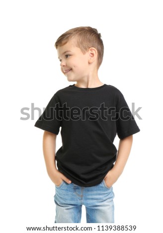 Little boy in t-shirt on white background. Mockup for design