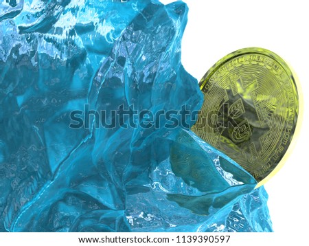 Bitcoin crypto currency Golden coin in pure ice block glowing in the sun Bit coin reflecting sun ray Ice age ancient gold coin Important history First currency Earth Isolated on white 3d illustration