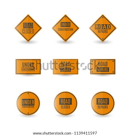 Set of round and rectangular road signs isolated on white background. Under construction design elements, illustration.