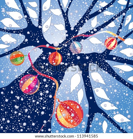 Tree silhouette with falling snow and Christmas ornaments, sky blue background, high resolution JPEG. Vector format is available. Check portfolio.