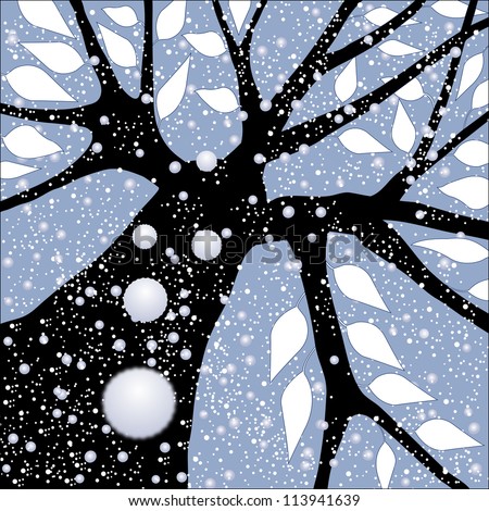 Tree silhouette with falling snow, sky blue background, high resolution JPEG.  Vector format is available. See portfolio.