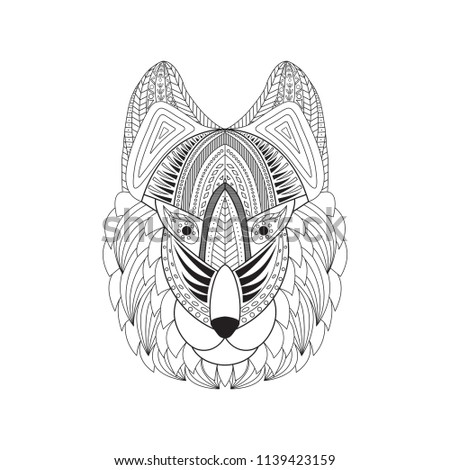 Vector illustration of doodle wolf head. Doodle wolf head for t-shirts design, tattoo, coloring book etc. Zentangle decorative wolf head drawing.