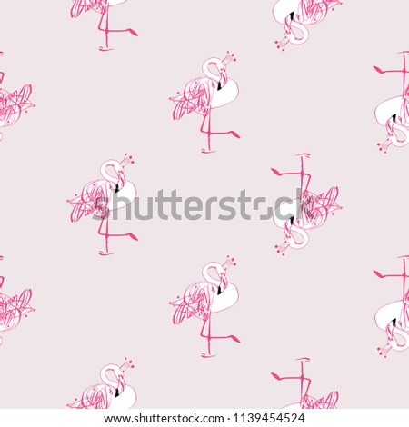 Line drawing sketch flamingo princess pattern. Vector seamless background with pink flamingo with crown. Wild nature decoration on pink backdrop. Black hand drawn graphic illustration.