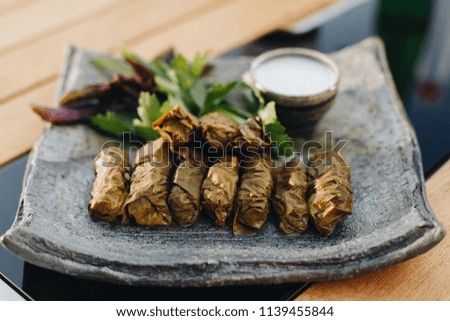 Caucasian traditional dish meat wrapped in grape leaves called dolma.
