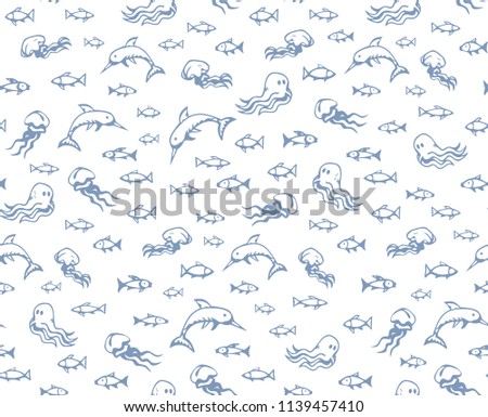 Many cute funny exotic undersea fin leg squid monsters isolated on deep aqua tracery. Freehand line blue ink hand drawn danger sealife logo sign icon symbol sketch in art retro doodle style on paper