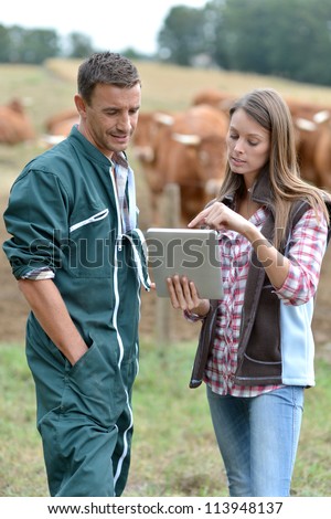 Farmer and woman in cow field using tablet