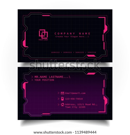 Creative modern name card and business card with the design concept of sci-fi, hi-tech style and dark Pink color theme, horizontal standard size, vector and illustration EPS10 template