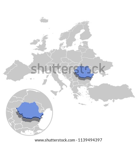 Vector illustration of Romania in blue on the grey model of Europe map with zooming replica of country.