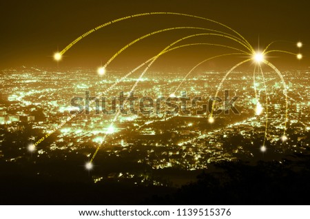 abstract data digital line connection on night city background , gold tone