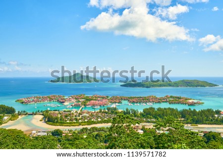Panoramic view of Victoria and Eden Islands, Mahe, Seychelles Royalty-Free Stock Photo #1139571782