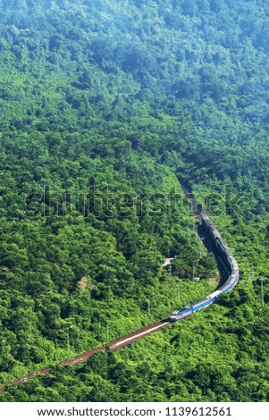 Aerial view of train and railway on Hai Van pass, Bach Ma mountain, Hue, Vietnam