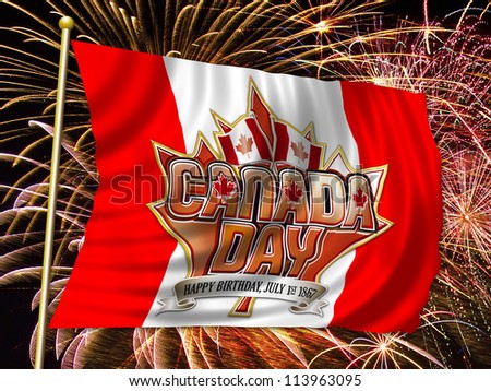 Canada Day graphic on Canadian flag flying in front of Fireworks background with clipping path