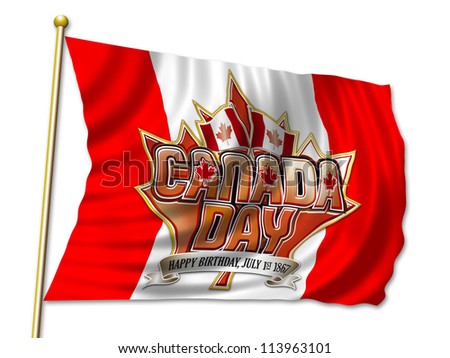 Canada Day graphic on flying Canadian flag on white ground with clipping path