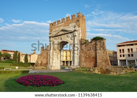 Famous place in Rimini, Italy. Arch of Augustus, the ancient gate of the city. Royalty-Free Stock Photo #1139638415