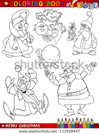 Coloring Book or Page Cartoon Illustration of Christmas Themes with Santa Claus or Papa Noel and Xmas Decorations and Characters for Children